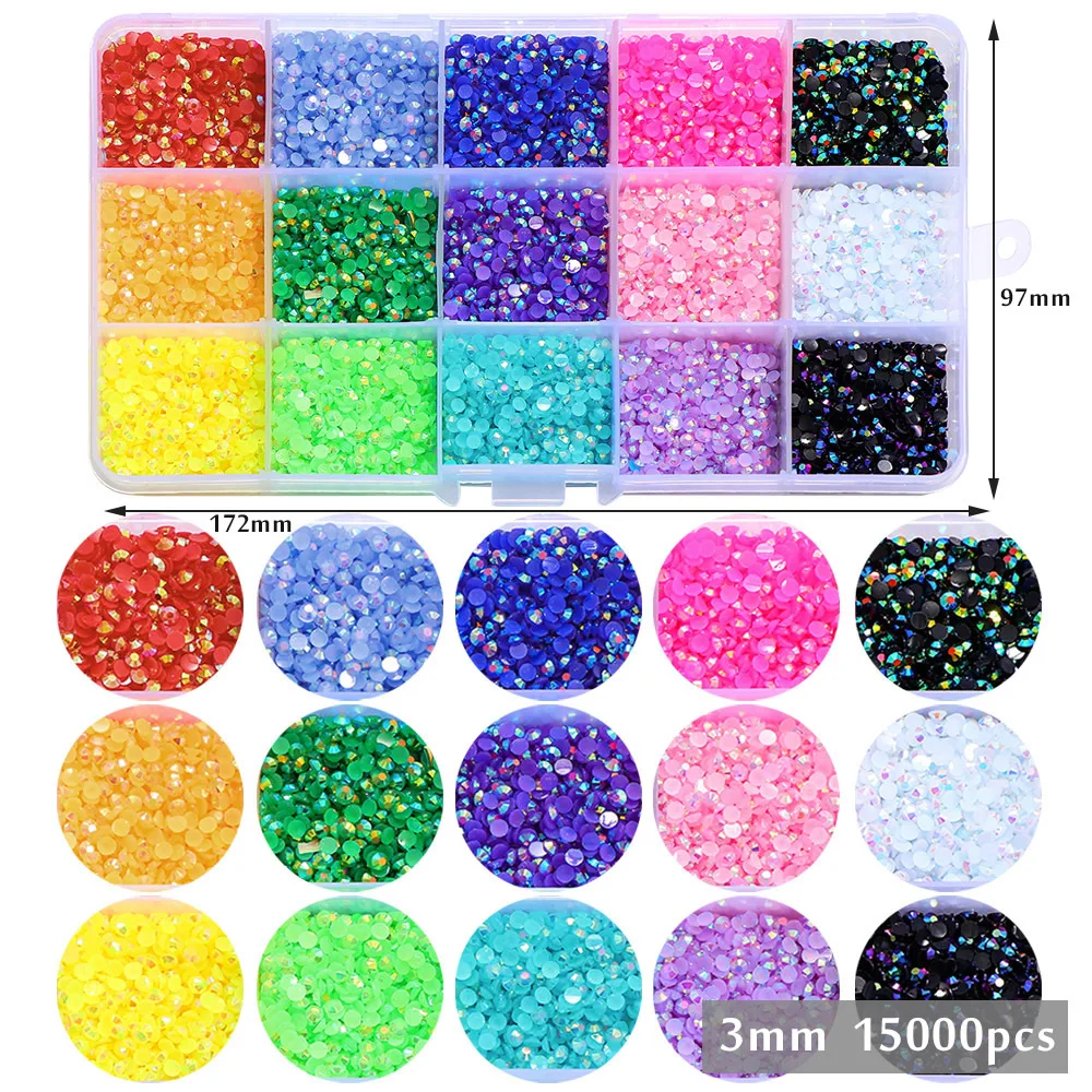 15000pcs 3mm Jelly AB Nail Rhinestones Resin Flat Back Colorful Glitter Charms Accessories DIY 3D Nail Art Decorations Strass