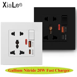 XIALEE PC Panel Gallium Nitride QC18W Type-A & PD20W Type-C 2 USB Smart FAST Charger + Switched Wall Universal Socket With Neon