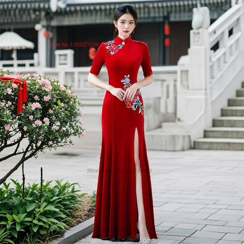 2025 Chinese vintage qipao fluwelen jurk mandarijn kraag verbeterde cheongsam bloem borduurwerk avond banket qipao folk jurk