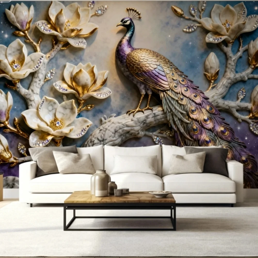 beibehang Customize the latest bedroom peacock three-dimensional relief art, modern and simple living room background wallpaper