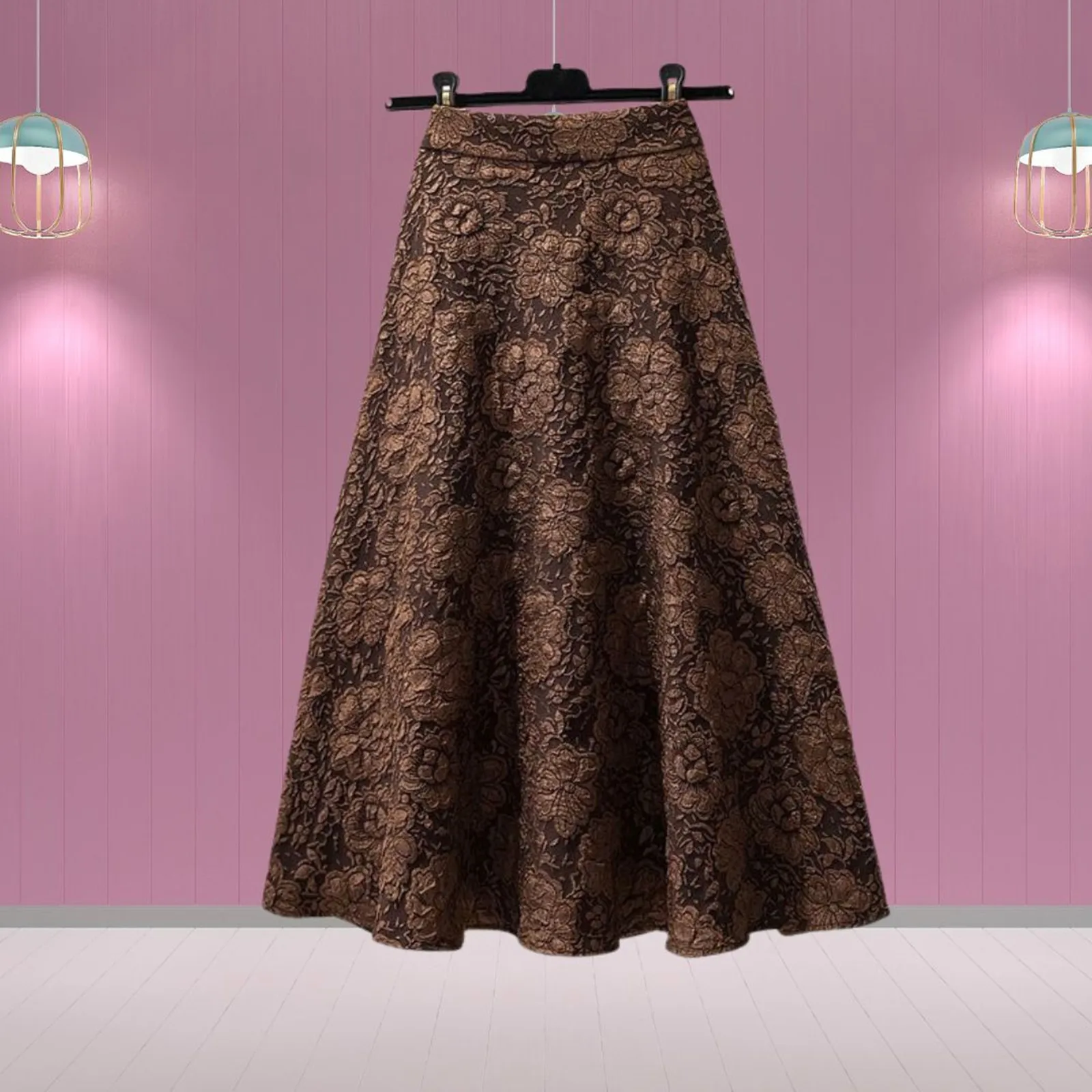 A-line Elastic High Waist Pleated Midi Skirt For Women Vintage Solid Color Lace Plus Size 4xl Long Skirt Elegant All-match Skirt