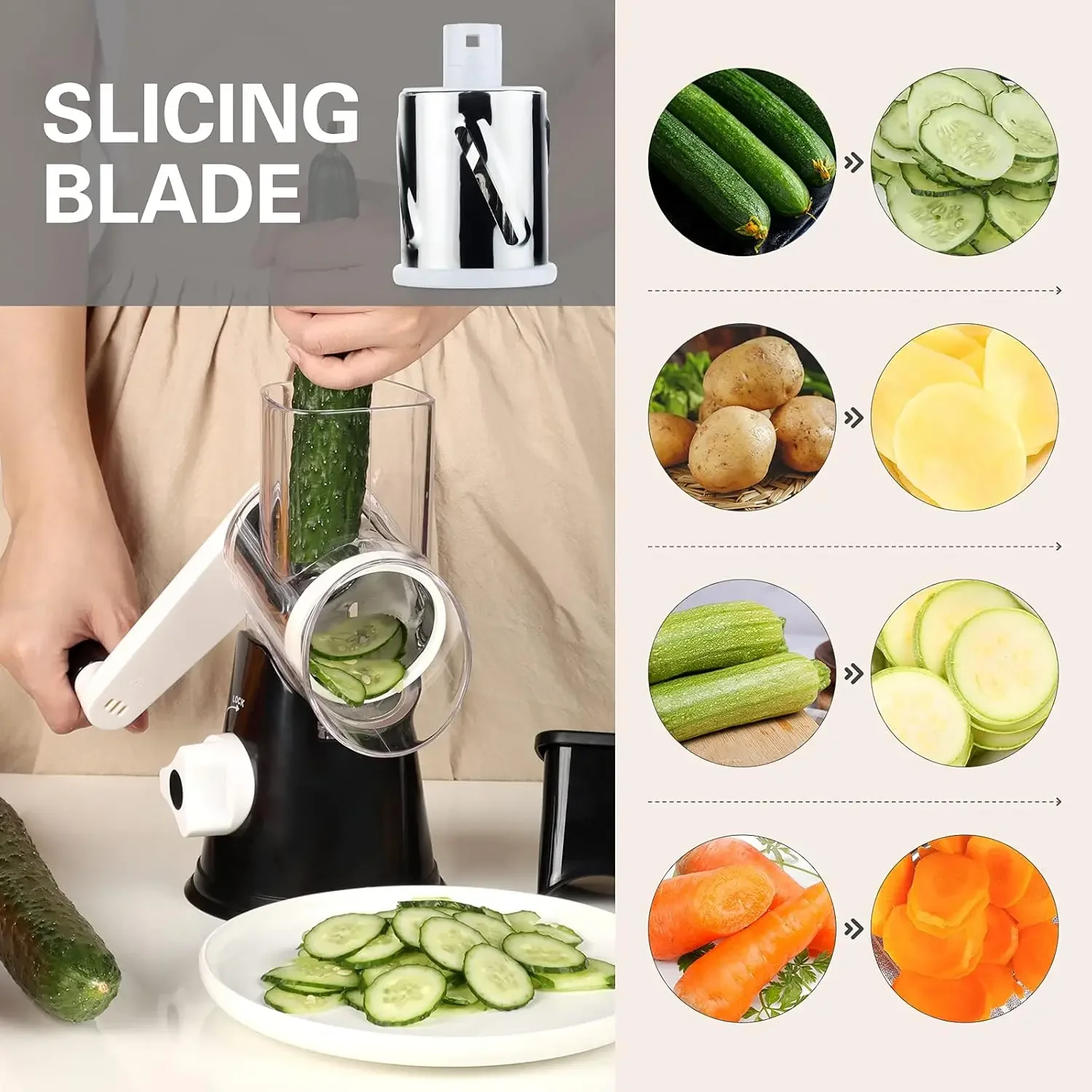 Rotary Cheese Grater Cheese shredder - Kitchen manual cheese grater with handle Vegetable slicer Nut grinder three-strand blade