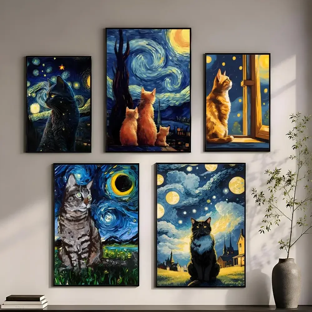 Van Gogh Famous Artworks The Starry Night Black Cat Funny Adhesive PP Poster HD Residue-Free Peel Stick Home Wall Art Decor