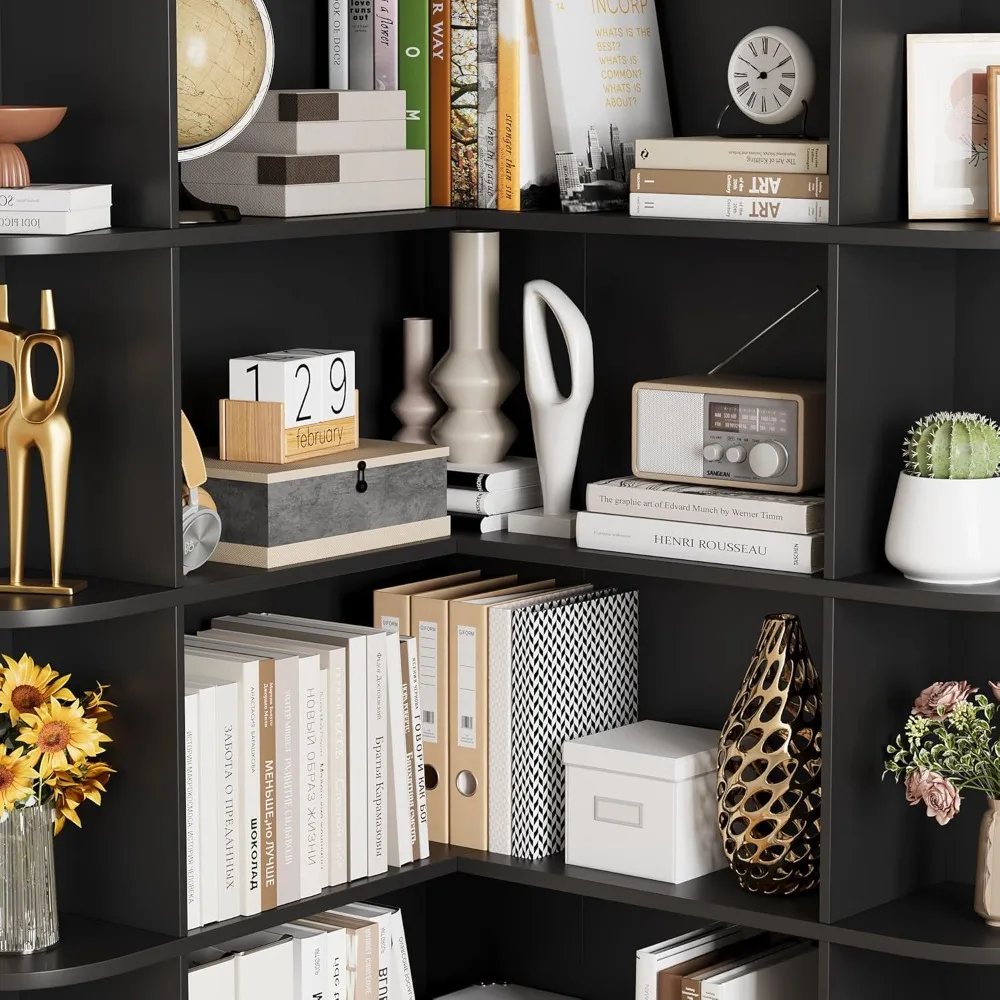 رف كتب زاوية طويل 74 بوصة، رف كتب من 6 طبقات وخزانة كتب مع مساحة تخزين مفتوحة، خزائن كتب طويلة على شكل حرف L، رف تخزين خشبي