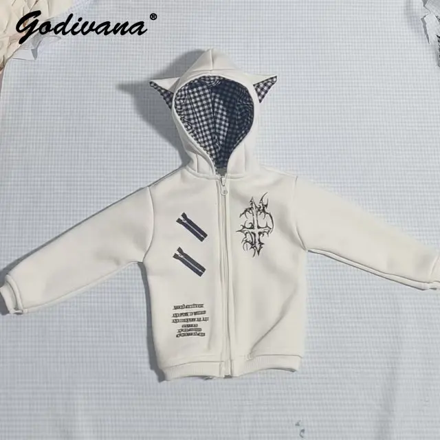 73-75cm BJD Doll Clothes Cute Cat Ear Hooded Zipper Jacket Gothic Cross Print Versatile Fashion Plaid Lining Doll Outfit