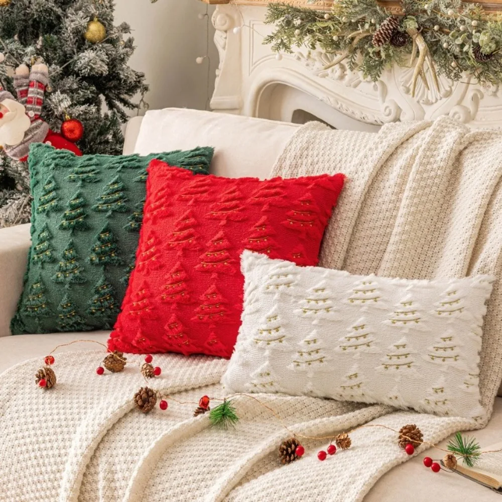 

New Christmas Tree Pillow Covers Golden Light String Embroidered Cushion Case Home Decor Plush Pillowcase for Xmas Party