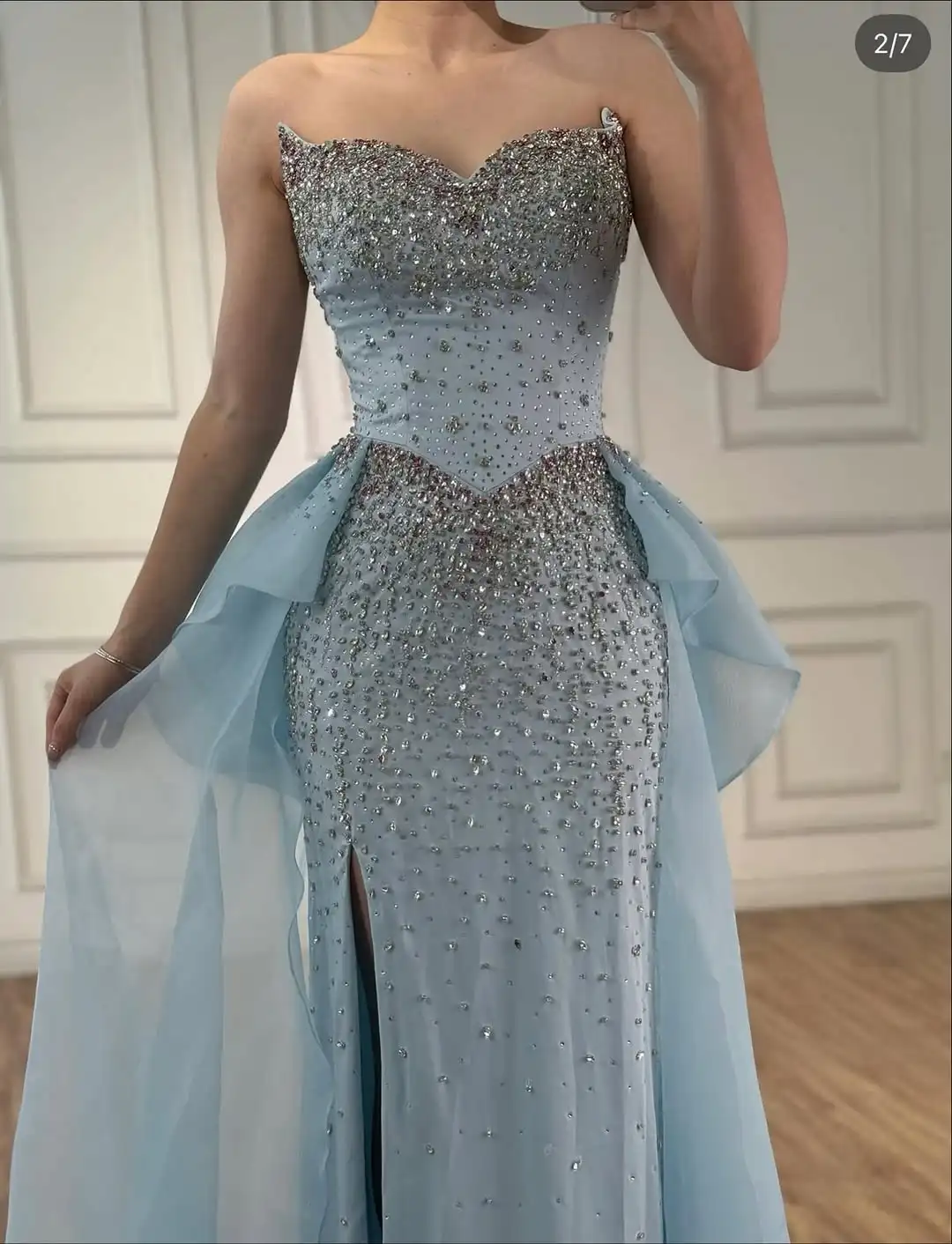 

New Design Sexy Sweetheart Beading Sequins Side Slit Evening Dress With Ruffles Fashion Sky Blue Prom Formal Party Dress