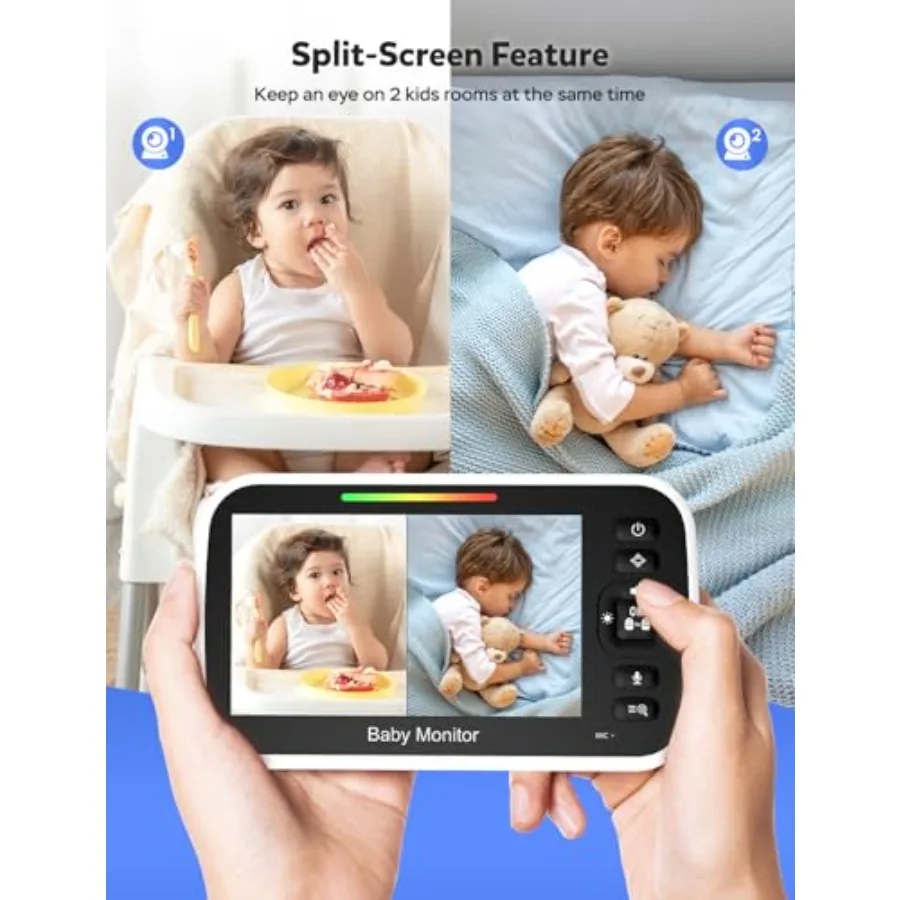 Baby monitor for nursery use, ABS plastic, white, split screen with dual cameras, secure FHSS, 30-hour battery, remote PTZ, aut