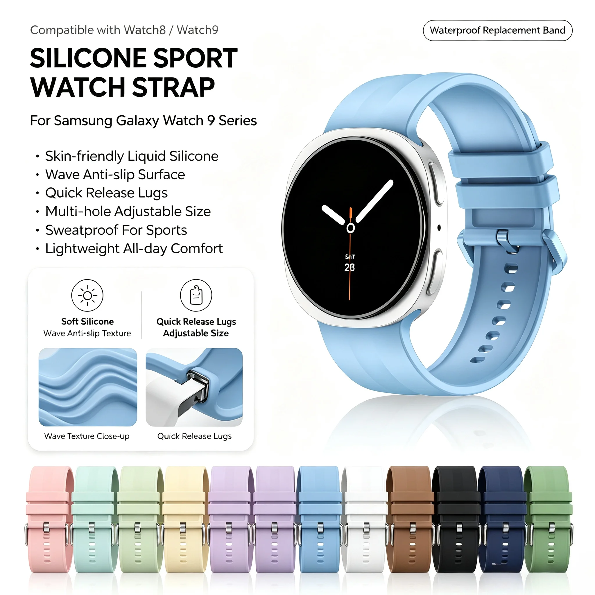 Original Liquid Silicone Ultra Soft Touch Band For Samsung Galaxy Watch 9 8 40MM 44MM Band Breathable Wristband Sport Bracelet