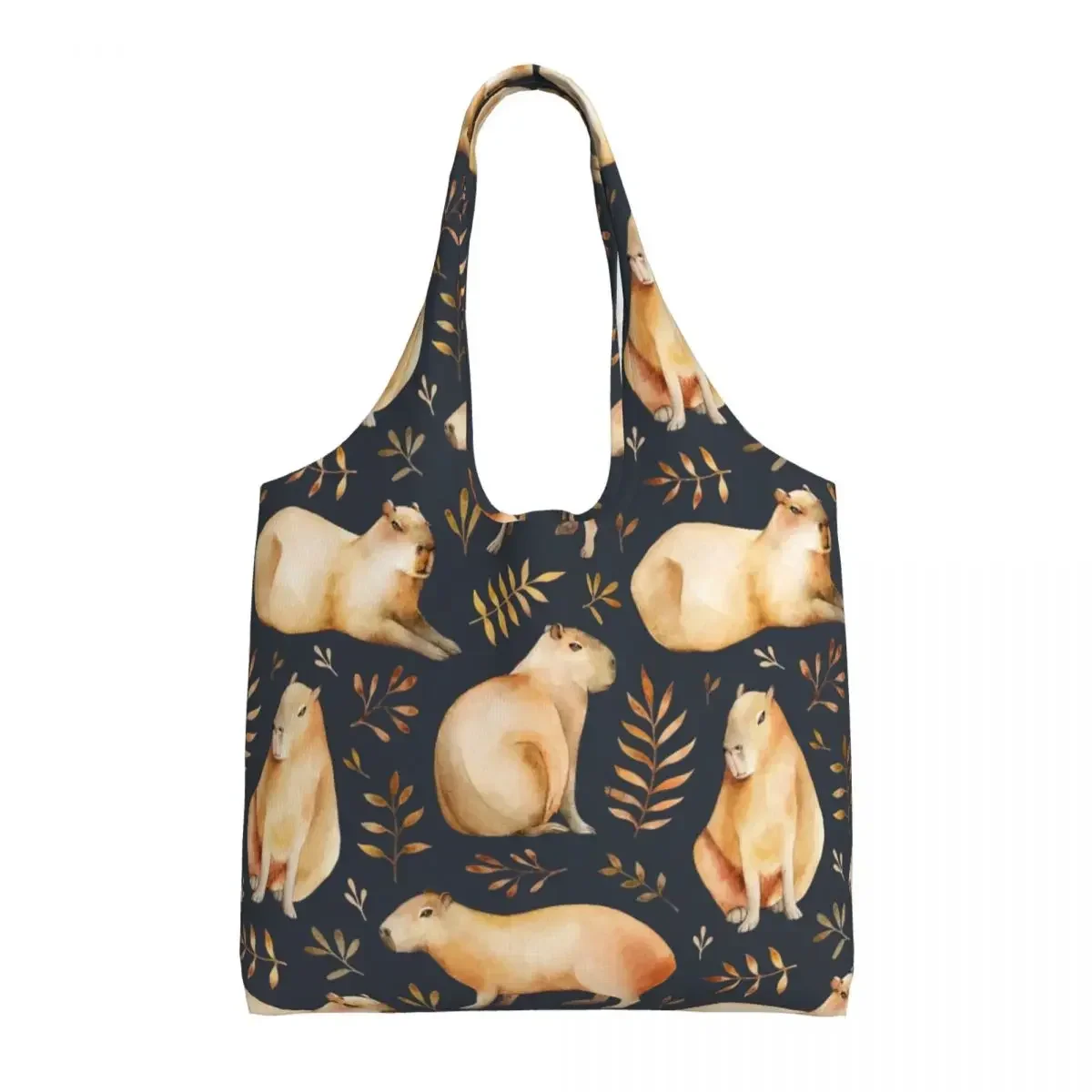 

Kawaii Capybaras And Leafs Pattern Shopping Tote Bags Reusable Groceries Canvas Shopper Shoulder Bag