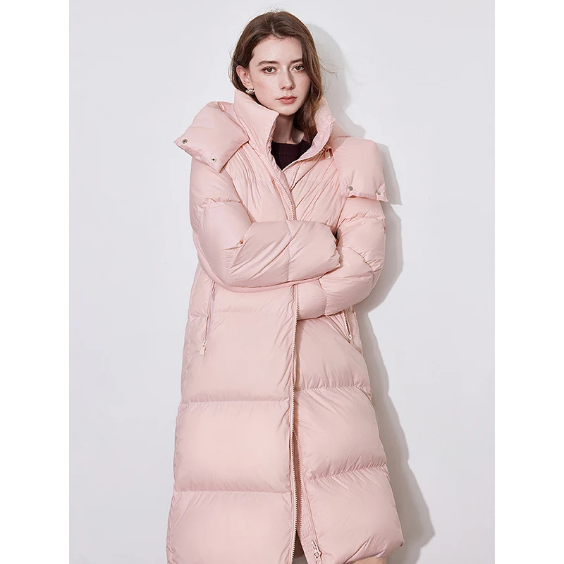 TOYOUTH Damen-Daunenjacke, 2024, Winter, neu, 90 % weiße Entendaunen, verdickt, warm, mittellang, mit Kapuze, Reißverschluss, langer Mantel