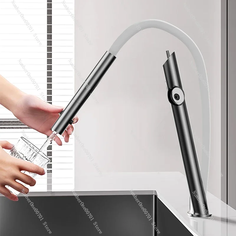 All copper black and red kitchen faucet pull-out hot and cold household sink magnetic suction western kitchen island faucet