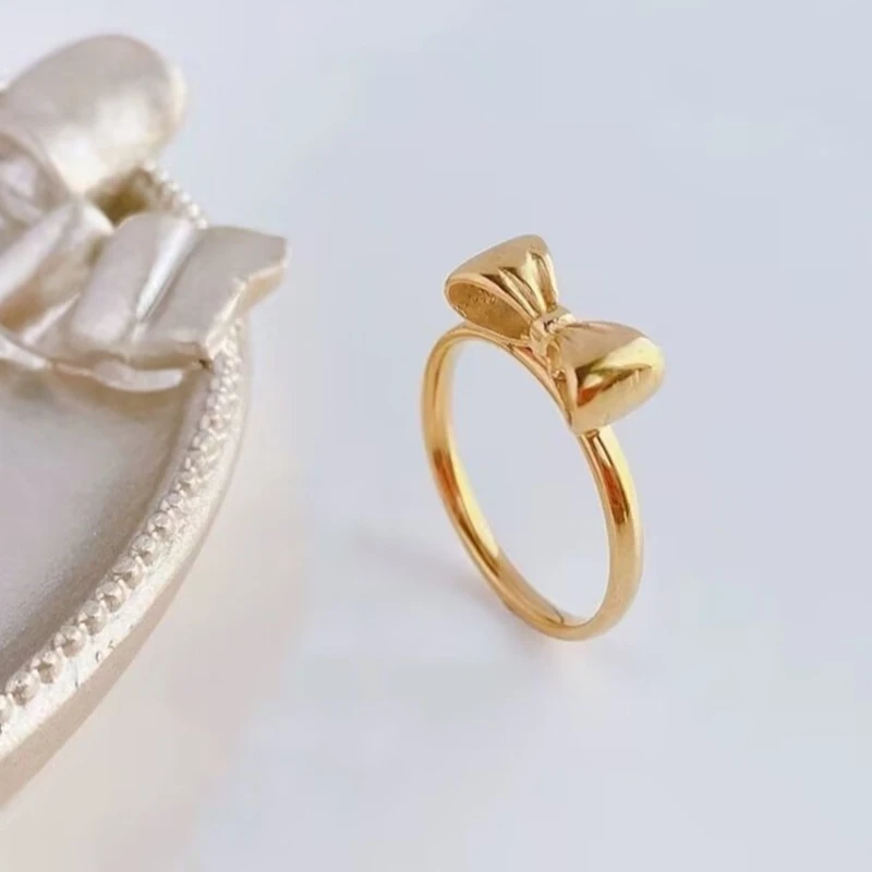 Exquisite Sweet Gold Color Stainless Steel Bowknot Index Finger Ring for Woman Jewelry Accessories Girlfriend's Gifts Colorfast