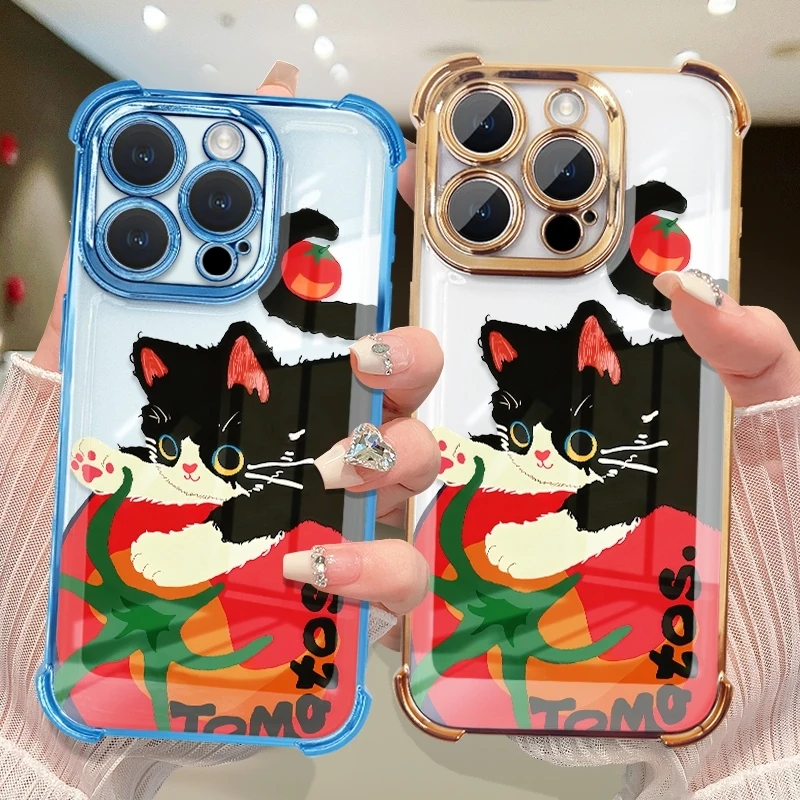 Capa Transparente Antichoque Tomato Black Cat para iPhone 17 Air 16E 16 15 14 11 Pro Max 13 12 Mini X Xs XR 7 8 Plus