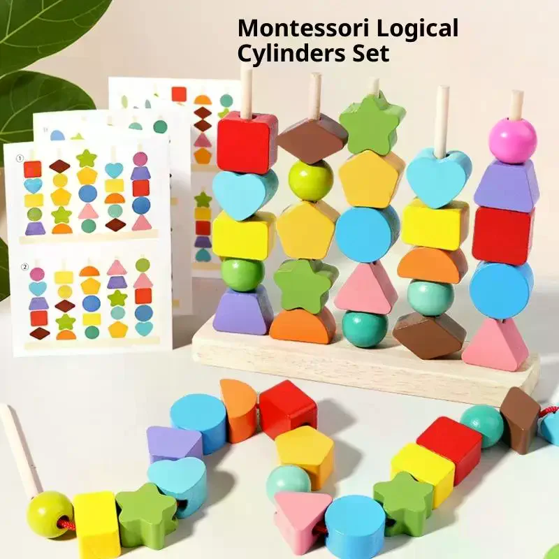 1 Set Stapelblöcke und Schnürperlen und passender Formstapler, frühes Lernspielzeug, Montessori-Holzperlen, Sequencing-Spielzeug, Geschenke