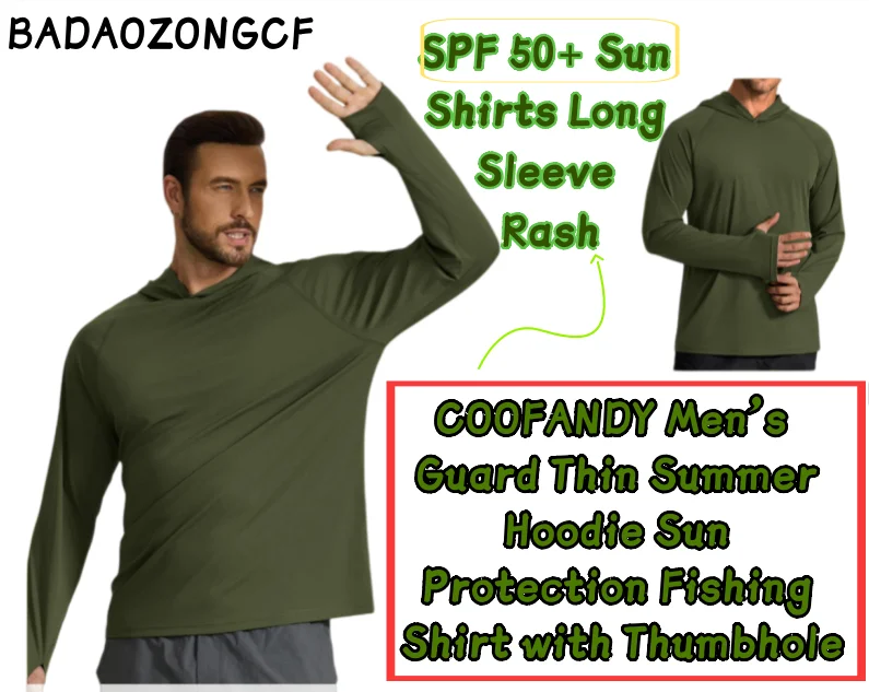 Roadbox UPF 50+ Fishing Shirts for Men, Long Sleeve UV Sun Protection Hoodie, Outdoor Hiking Running Swimming Rash Guard