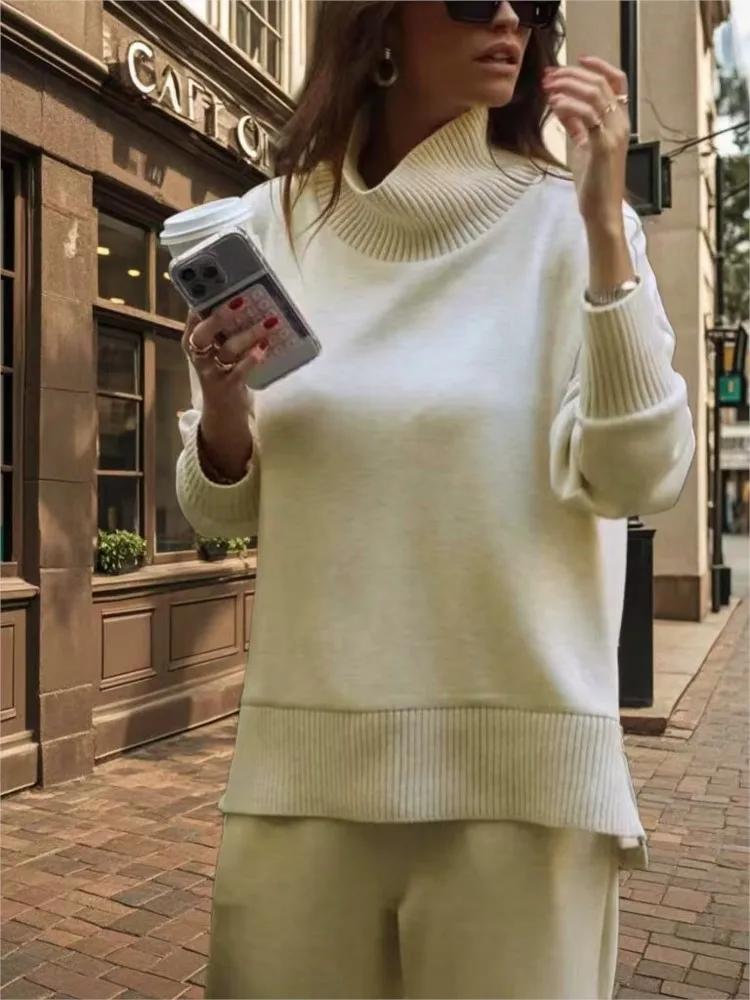 New Autumn Winter Sweatshirt Two Piece Sets Women Casual Simple Solid Long Sleeve Turtleneck Zipper Pullover Wide Legs Pants Set