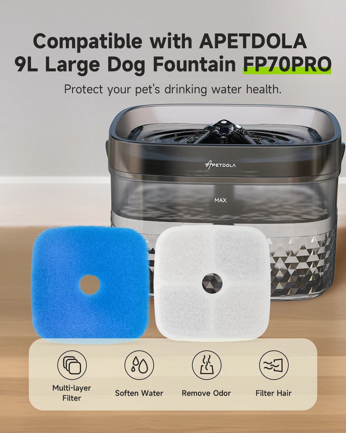 Dog Water Fountain Filter, 4 Pack Filters with 4 Pre-Filter Sponge for 9L/ 2.4 Gallon Pet Water Fountain FP70PRO, 5 Layer Replac