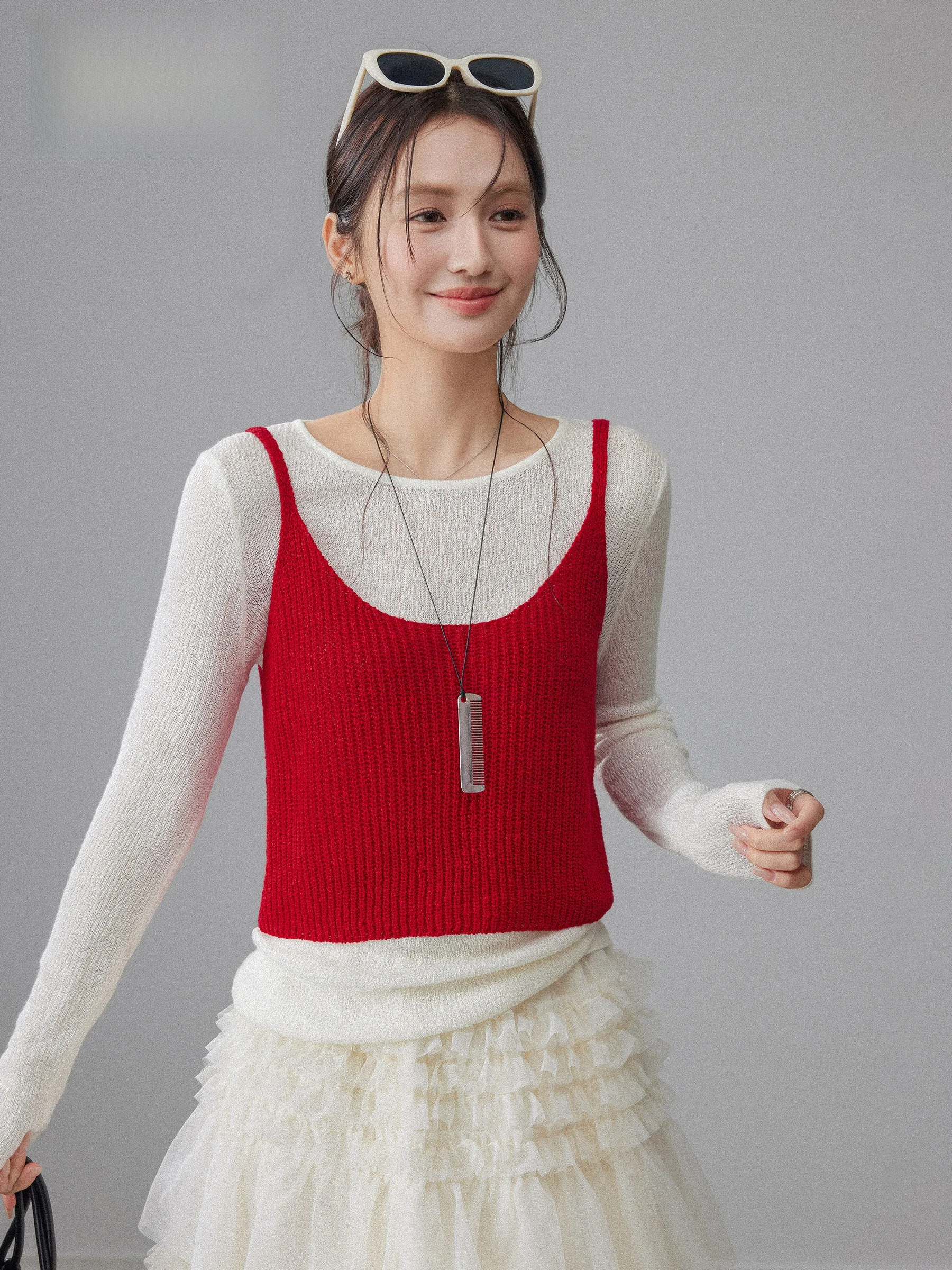 

Red Long Sleeve Knitted Sweater Women's Spring 2026 New Inner Slimming Strap Top Layered Two-Piece Set Fashionable Ensemble