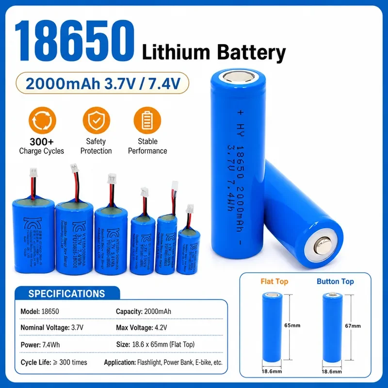 100PCS 18650 Lithium Battery Flat Head Cylindrical Rechargeable Li-ion Cell 3.7V High Capacity for Flashlights Power Tools