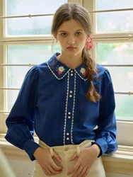 Simple Retro 90% polyester 10% cotton Peter Pan Collar Colour Clash Embroidery Women's Casual Long Sleeve Shirt