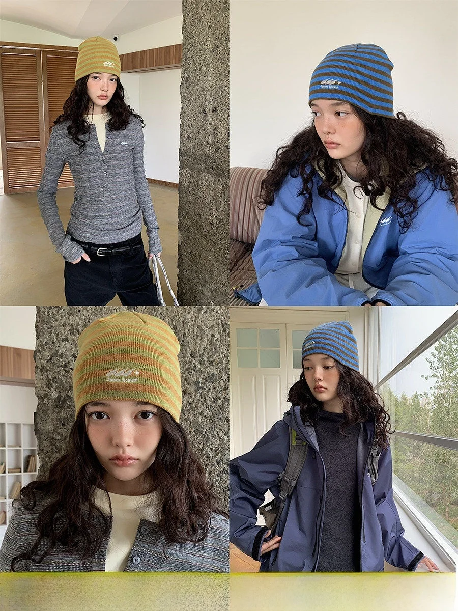 Outdoor Warm Ear Protection Hat Autumn Winter Stripe Color Block Logo Embroidery Knitted Cold Cap Fashionable Square Hole Design