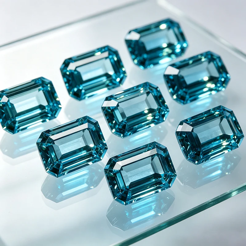 Lab Grown Sea Blue Sapphire Gemstone Emerald Cut Aquamarine Color for Jewelry Making with AGL Certificate
