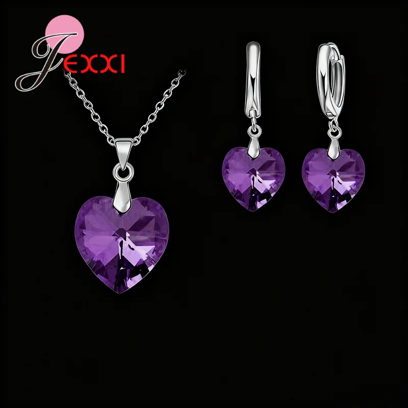 Romantic Violet Crystal Ocean Heart 925 Sterling Silver Pendant Necklace Earring Fine Jewelry Set With Lever Back Earring
