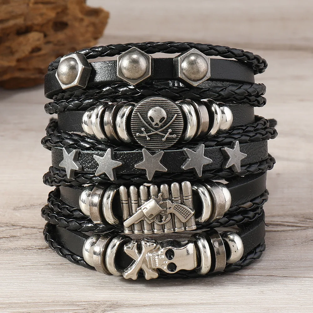 Fashion Viking Punk Bracelet For Men Hand Bracelets Multi-Layer Woven Skull Head Star Accessories Jewelry Leather Set Gifts