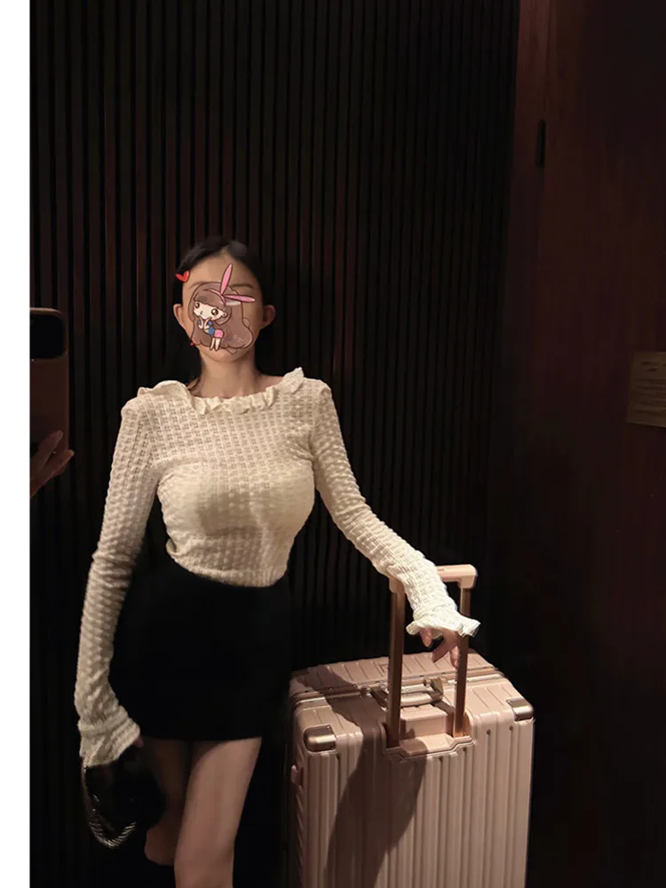 

MadmanM Fairy Sle Bal Long Sve Slim Fit irt Wooden Collar Base Top Women's Commute Faion Lace irt