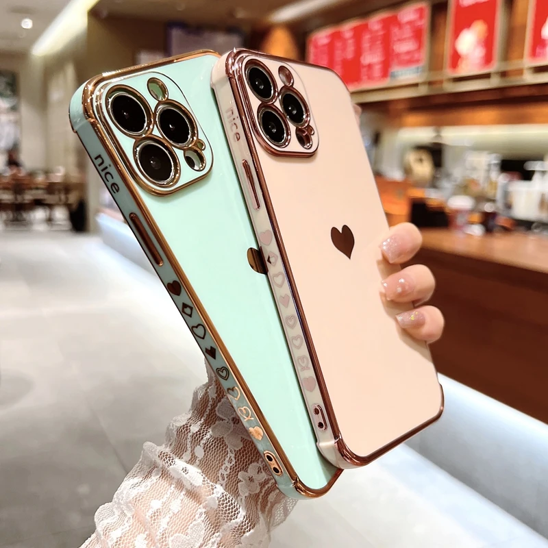 Soft Electroplated Love Heart Phone Case For iPhone 11 12 13 14 Pro Max XS X XR 7 8 Plus Mini SE 2020 Silicone Cases Cover