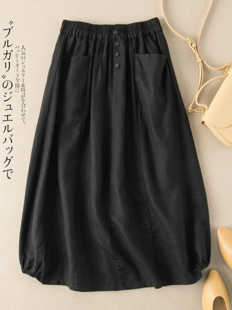 Women's Skirt Cotton Linen Casual Straight Skirts Woman Fashion 2024 Summer Loose Solid Color Button Long Skirts for Women