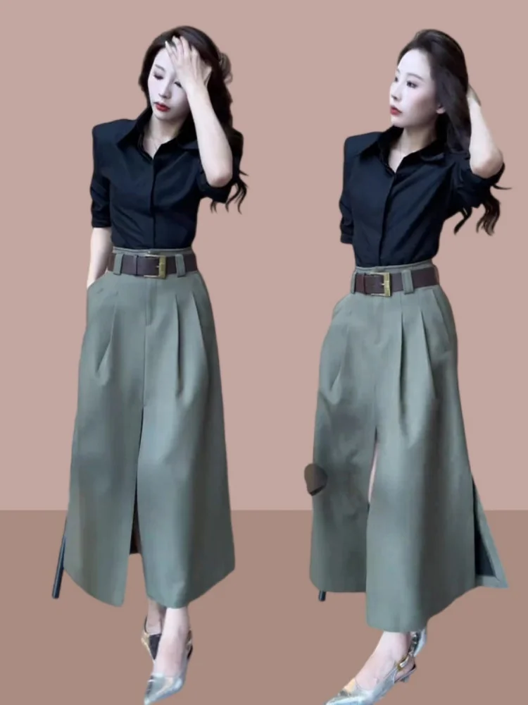 Fashionable Slimming Split Skirt And Shirt Set Women's Spring 2026 New Style Two-Piece Suit High Waist  Shirt Elastic Wai...