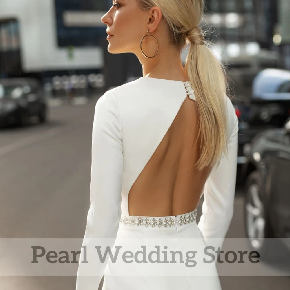 Eenvoudige V-hals Lange Mouwen Trouwjurk Diamant Riem Mermaid Bridal Huwelijk Jurken Sexy Backless Slim Custom Bruid Toga