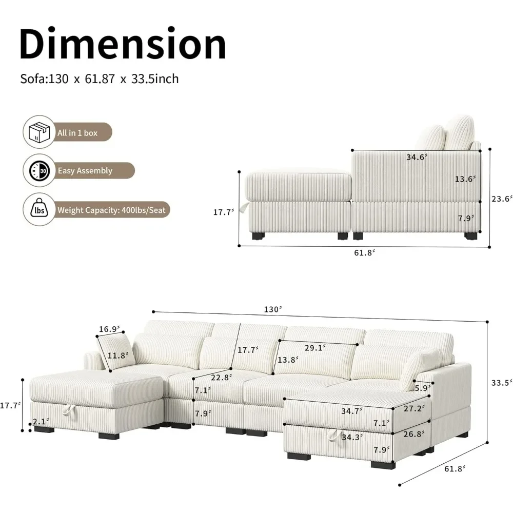 130inch Modular Sectional Sofa, 6Seater Oversized Convertible Couch, Corduroy Fabric with 2X Storage Bench and 9 Cushion Pillows