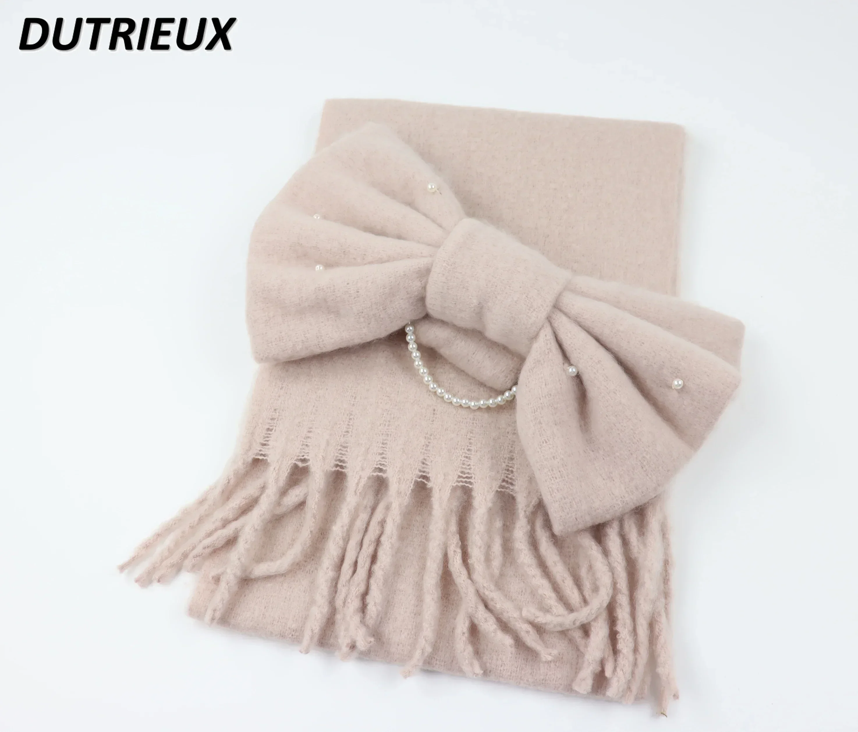 Solid Color Bow Scarf Thickened Warm Winter Solid Color Versatile Sweet and Cute Girls Mine Female Student Scarf Accessories