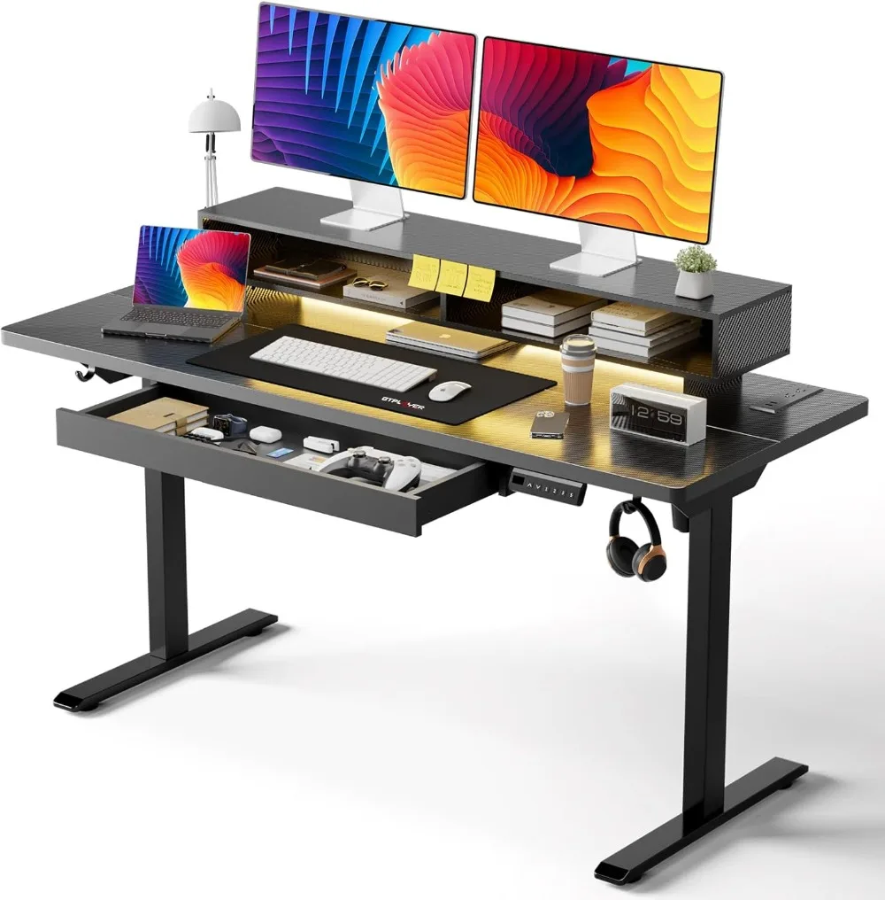 GTPLAYER Electric Standing Desk with Drawers, 48 x 24 Inch Height Adjustable Gaming Desk with Monitor Stand, Power Outlets