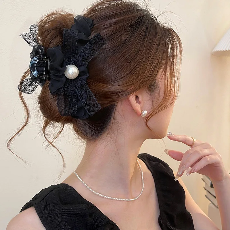 

High-End Gentle Lace Bow Mesh Clip Large Shark Clip Hair Volume Multiple Hair Accessories for Styling