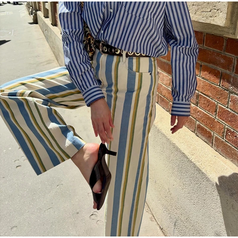 Fashion Women's Striped Pants Button Zipper Double Pockets Straight Straight Leg Trousers 2026 Spring Summer Casual Lady Pant