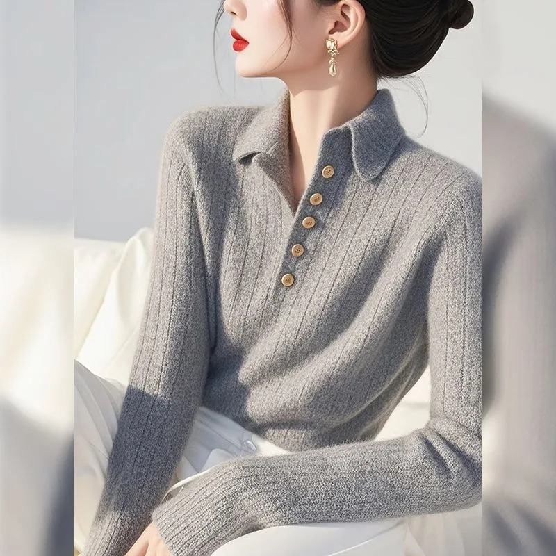 

Women's Gray Lapel Knit Sweater High-End Luxe Feel Soft Lazy Style Autumn Winter Fashion Solid Color Women Tops