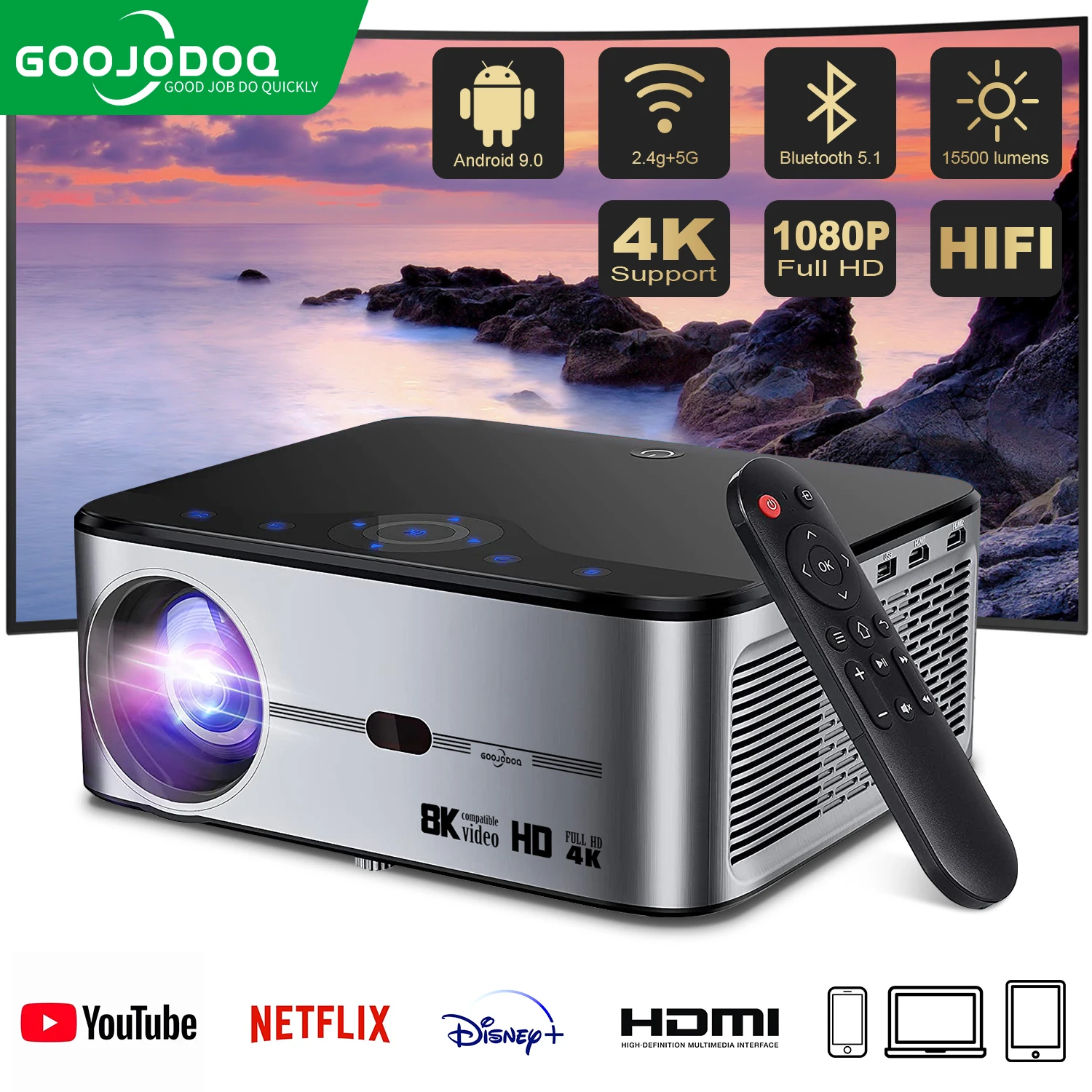 GOOJODOQ T02 Projector 1080P 4K Ultra HD 1920×1080 15500lumen Portable 2.4G 5G Android/IOS Home Theater Outdoor Smart projector