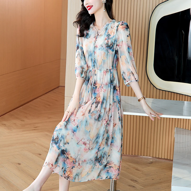 2025 wiosenna plaża kwiatowy jedwabna sukienka Midi kobiety w stylu Vintage moda Boho lekka sukienka na co dzień koreański elegancki luksusowy festiwal Vestidos