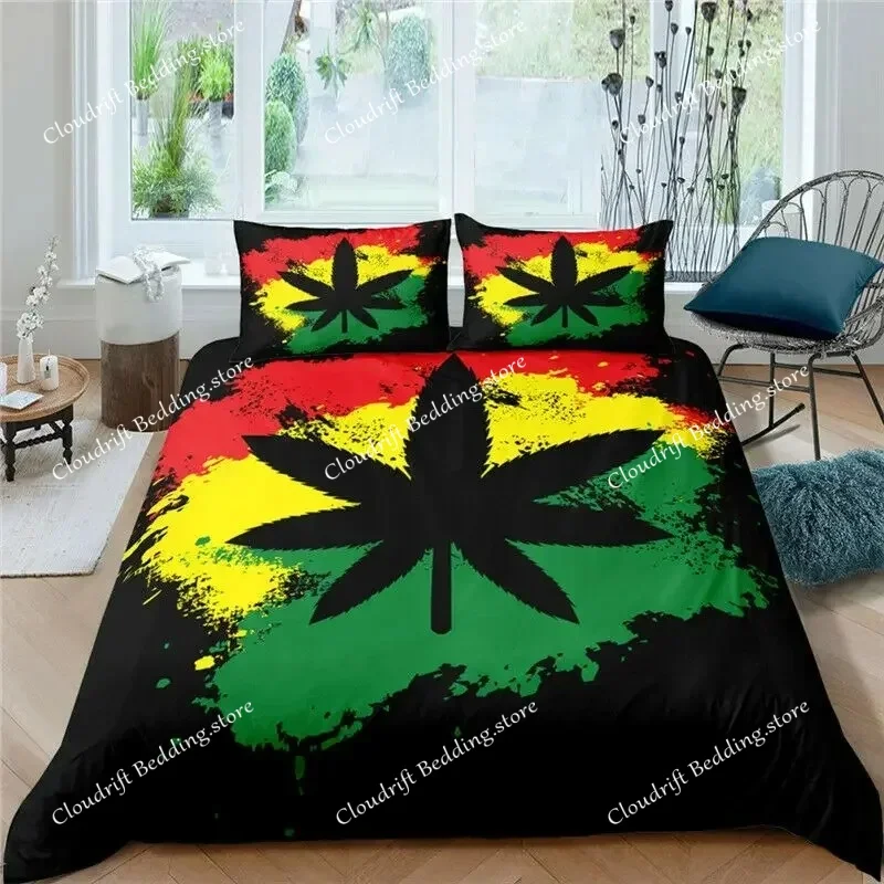 Cannabist Leaves Duvet Cover King Marijuana Weed Bedding Set Green Trippy Leaves Boho Polyester Comforter Cover for Teens Adults