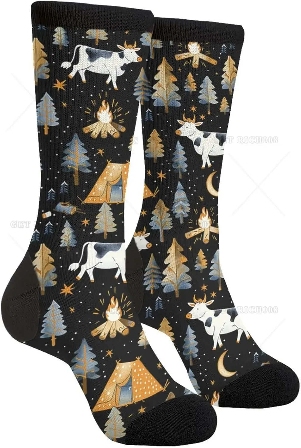 Camping Style Cow Socks for Men Women Funny Novelty Crew Socks Gifts Print One Size Cozy Soft Socking