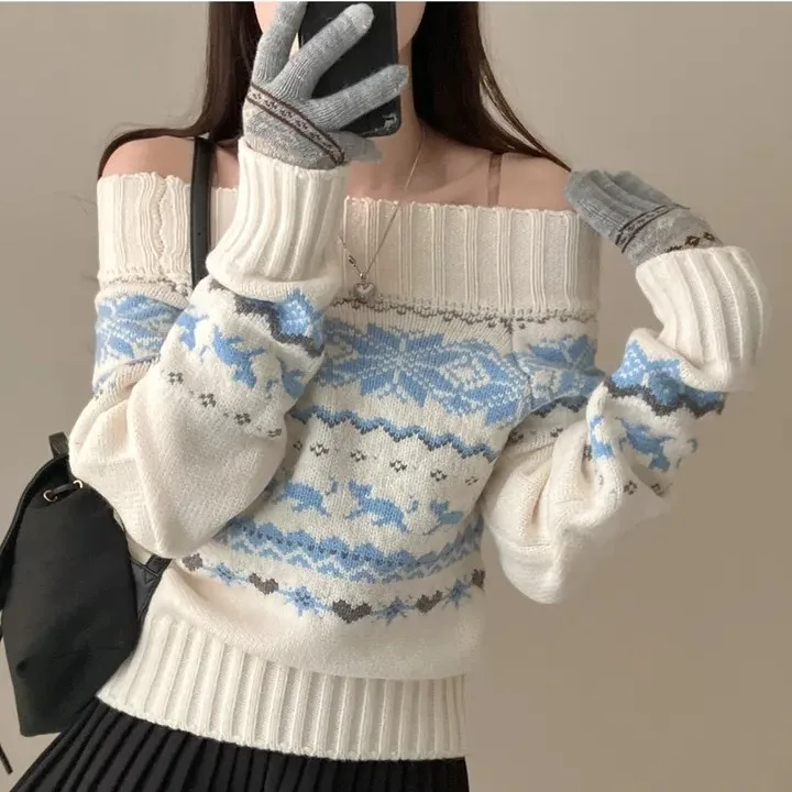 Sweter damski z dzianiny Thiened, jesienno-zimowy, w stylu retro INS, z haftem, na jedno ramię, do noszenia przez głowę, bazowa warstwa, top do biura.