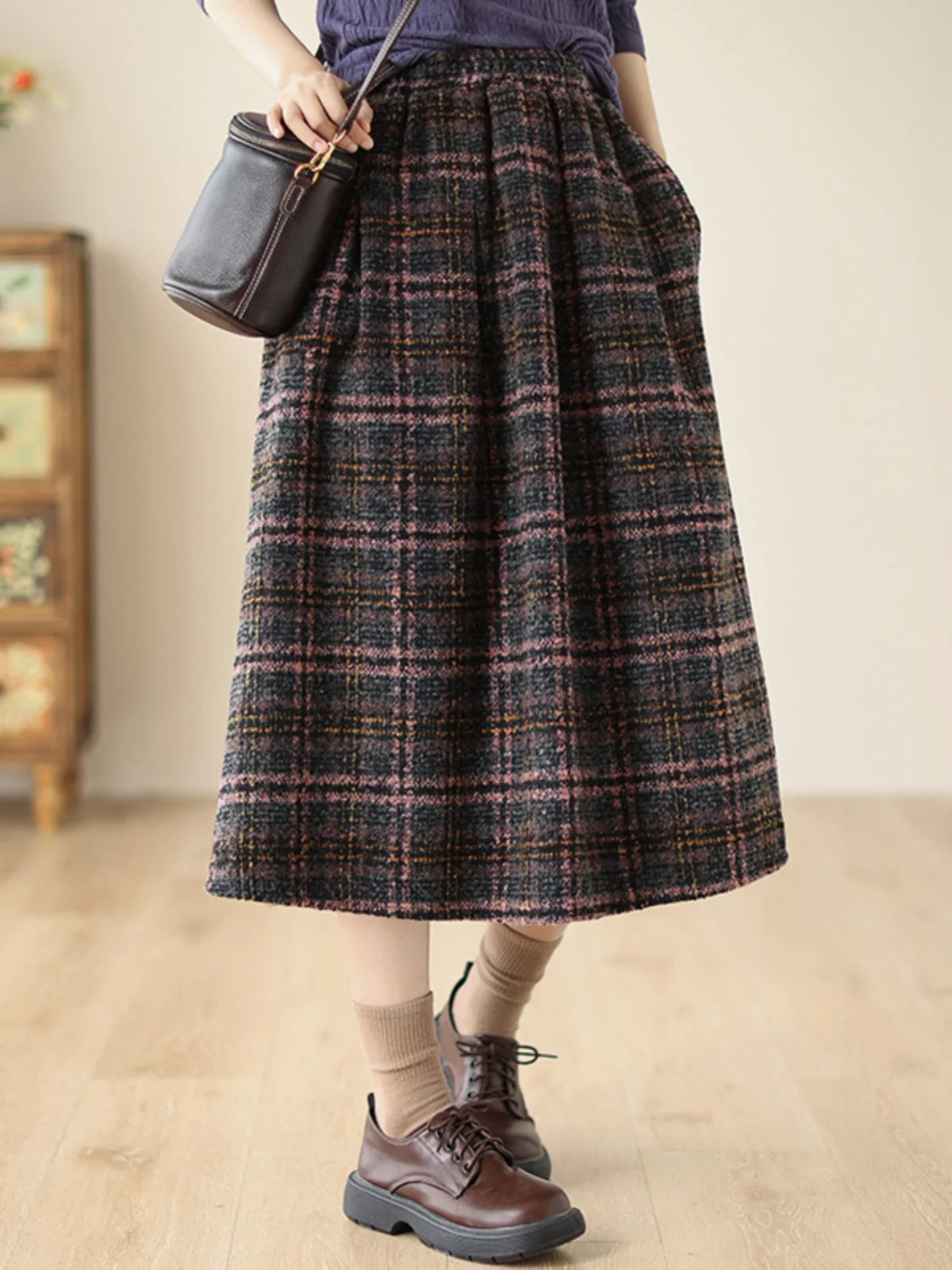 

Шерстяная клетчатая юбка-миди в стиле ретро, женская зимняя модная свободная утягивающая юбка-зонтик трапециевидной формы с высокой талией для поездок на работу