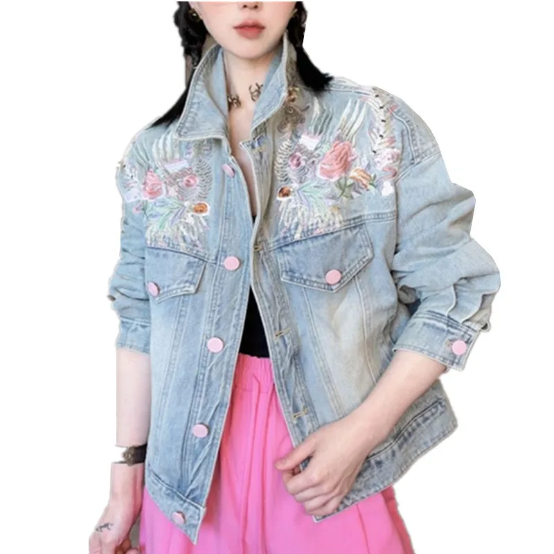 

Spring autumn Vintage short denim jacket women 2024 new fashion embroidery Chinese style clothing female loose jeans coat T306