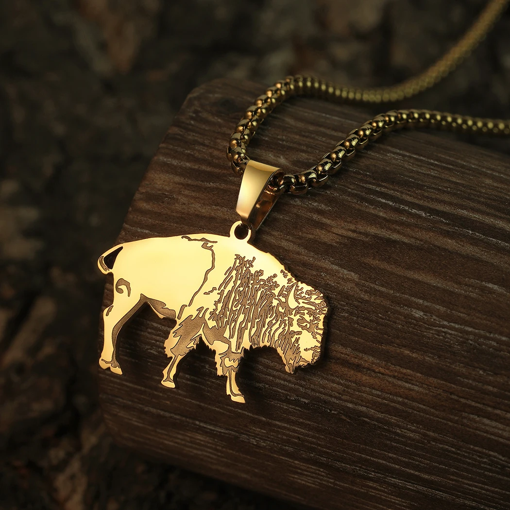 QIAMNI Great Plains Giant Bison Bull Necklace Pendant Buffalo Cattle American Western Animal Chain Choker Collar Women Jewelry