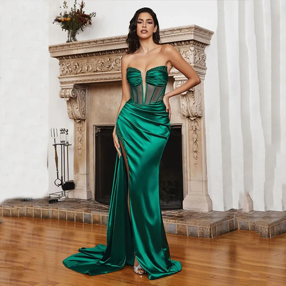 Vestido de noite sexy sem alças verde para mulheres, decote em V profundo, sereia ilusão, divisão lateral alta, vestidos de baile sem costas