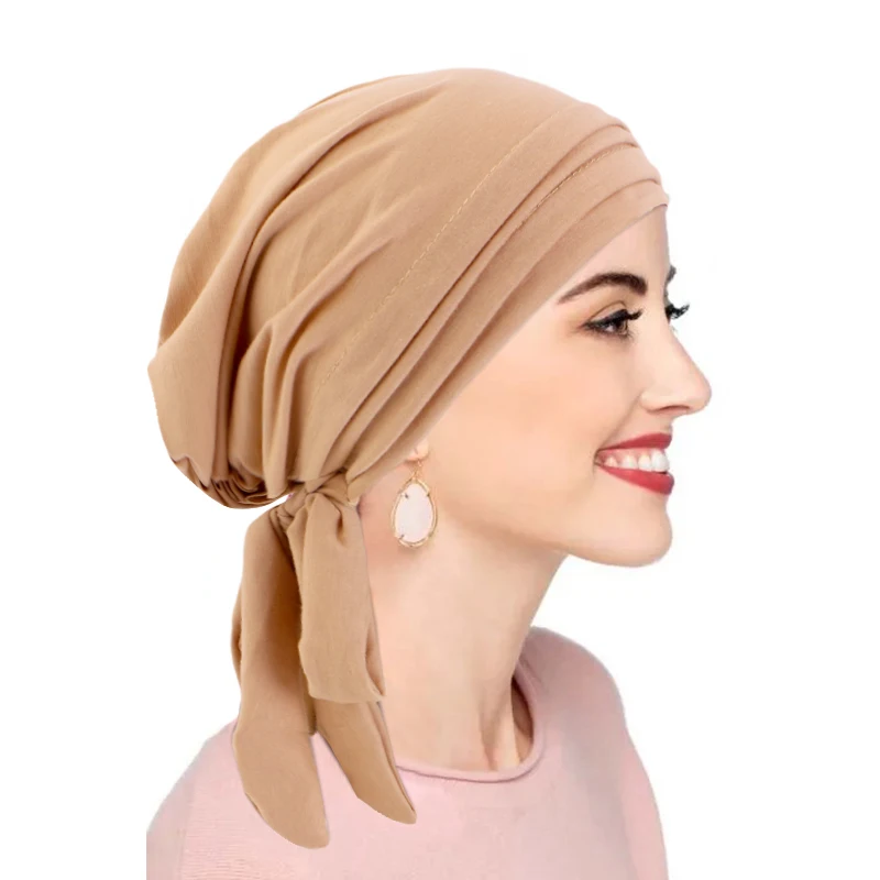 New Women Elegant Pleated Large Turban Hats Solid Color Long Tail Elastic Head Wraps Classic Lace Up Headscarf Beanies Chemo Cap